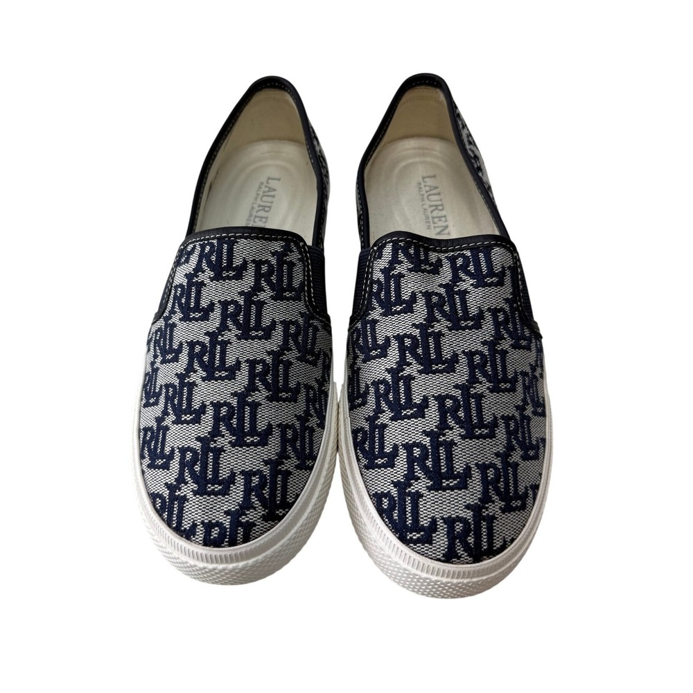 Lauren Ralph Lauren Jinny Navy Monogram Slip On Sneakers Womens 6 Sample NEW